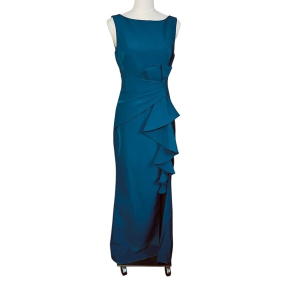 Eliza J Dress Cascading Ruffle Teal Blue Sleeveless Evening Gown Cocktail Size 4 - Picture 1 of 13